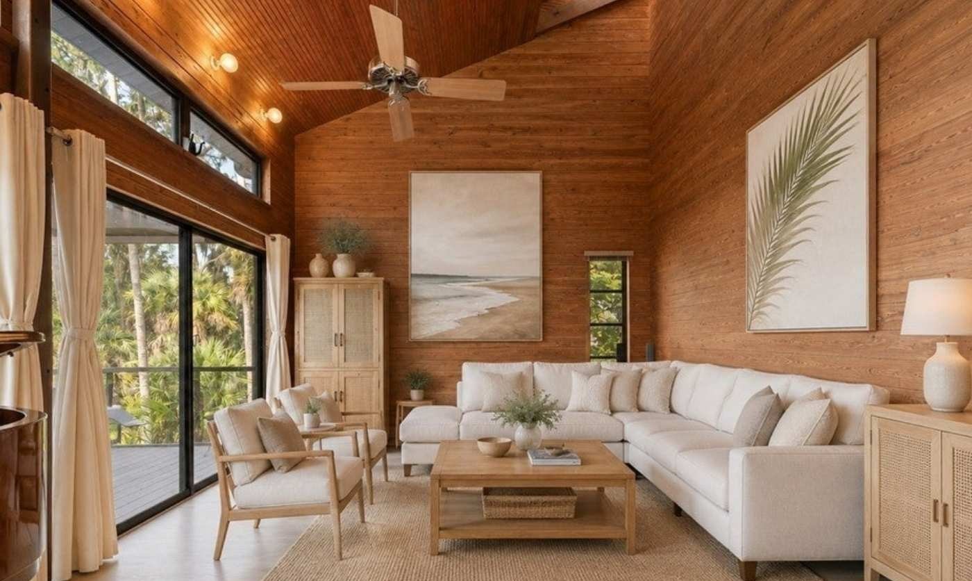 Bright wood-lined living room with tall windows