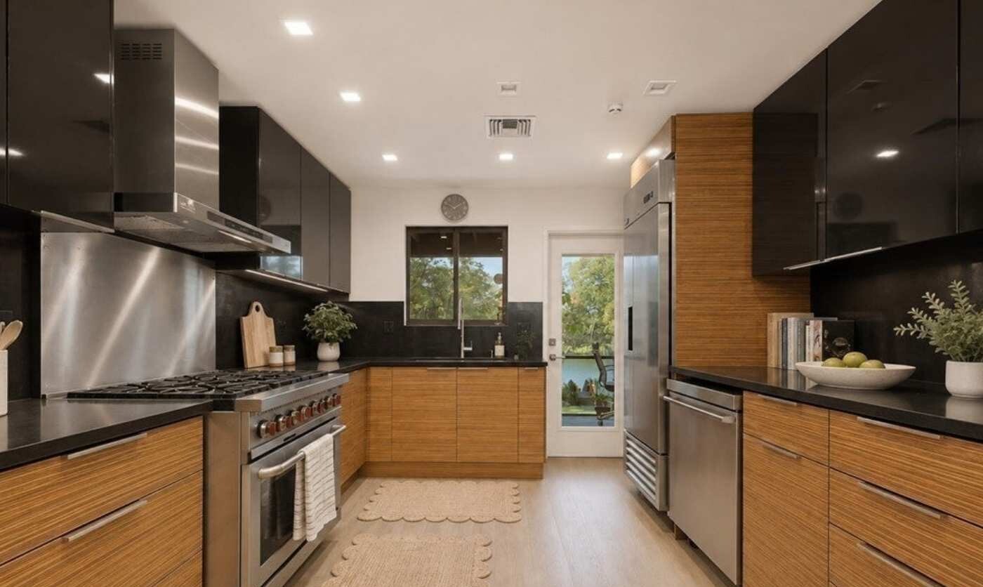 Updated kitchen with wood-grain cabinetry and stainless steel appliances